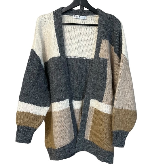 Zara Women’s Colorblock Chunky Wool Blend Open Front Cardigan Cream Grey Small - Picture 1 of 5